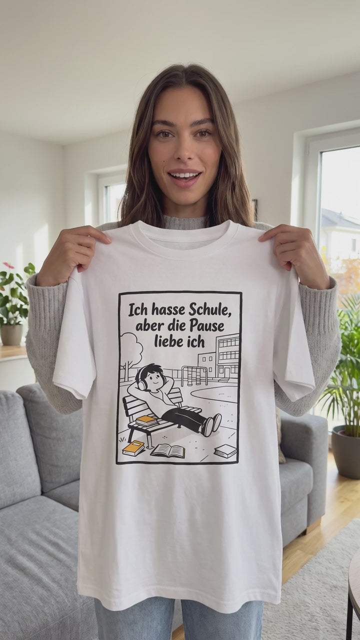 Kinder-T-Shirt – „Ich hasse Schule, aber die Pause liebe ich“ Cartoon-Schulpausen-Shirt